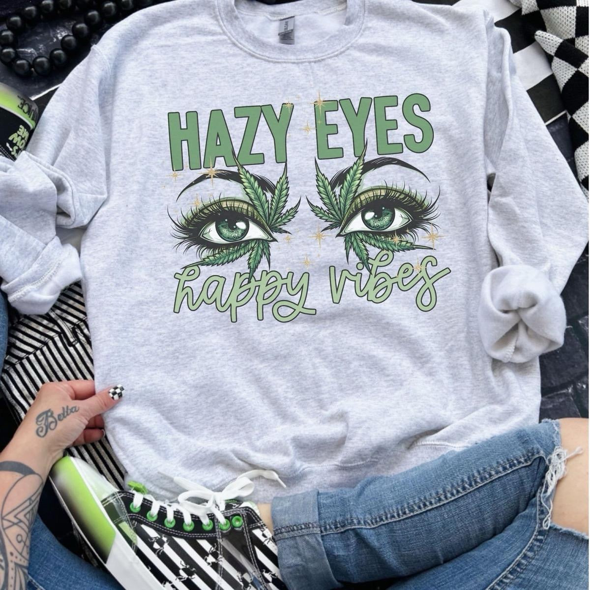 Stoner - Hazy Eyes Happy Vibes - Ash Grey - Sublimation-  - Unisex Jersey Sweatshirt