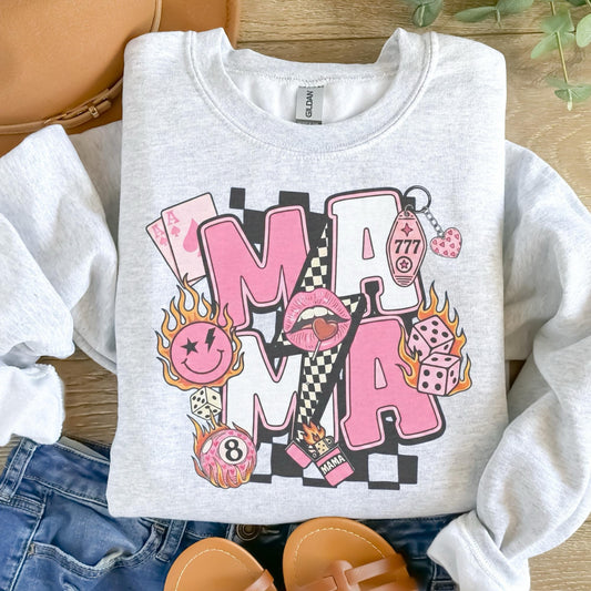 Mama - Mama Smiley Flames Eight Ball Art Edgy Mama Sweatshirt - Ash Grey - Unisex Jersey Sublimation Design Vintage Style Comfortable Everyday Wear