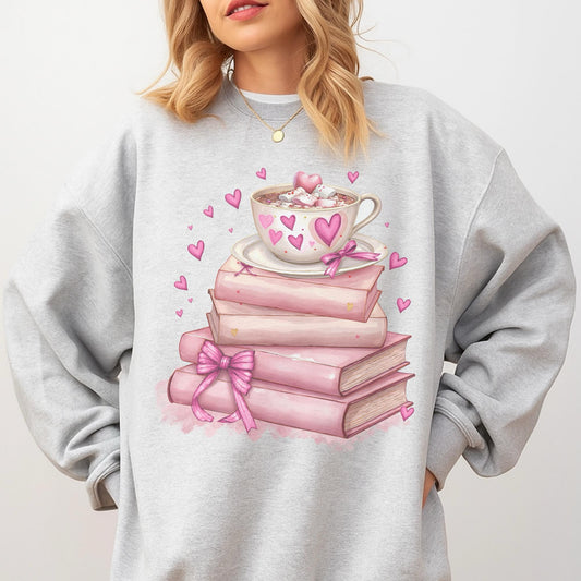 Book - Book Stacked Pink Theme Sweatshirt - Ash Grey - Unisex Jersey Sublimation Design Vintage Style Comfortable Everyday Wear