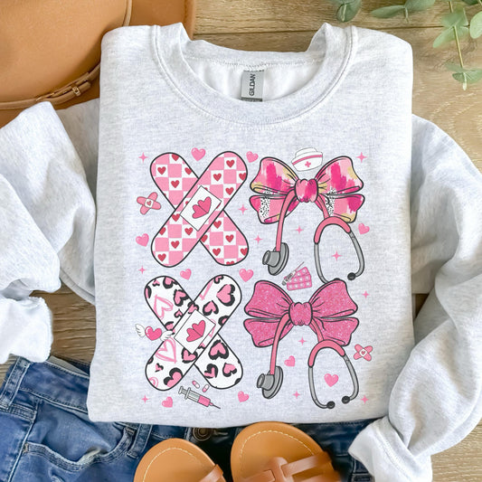 Nurse - XOXO Stacked Nurse Coquette Sweatshirt - Ash Grey - Unisex Jersey Sublimation Design Vintage Style Comfortable Everyday Wear