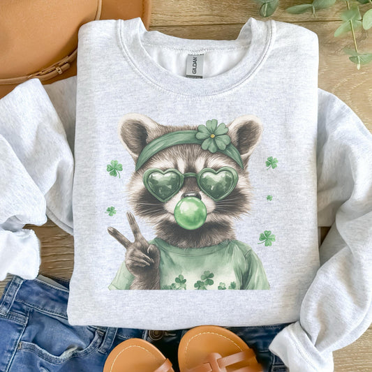 St Patrick - Raccoon Blowing Bubble Gum Sweatshirt - Ash Grey - Unisex Jersey Sublimation Design Vintage Style Comfortable Everyday Wear
