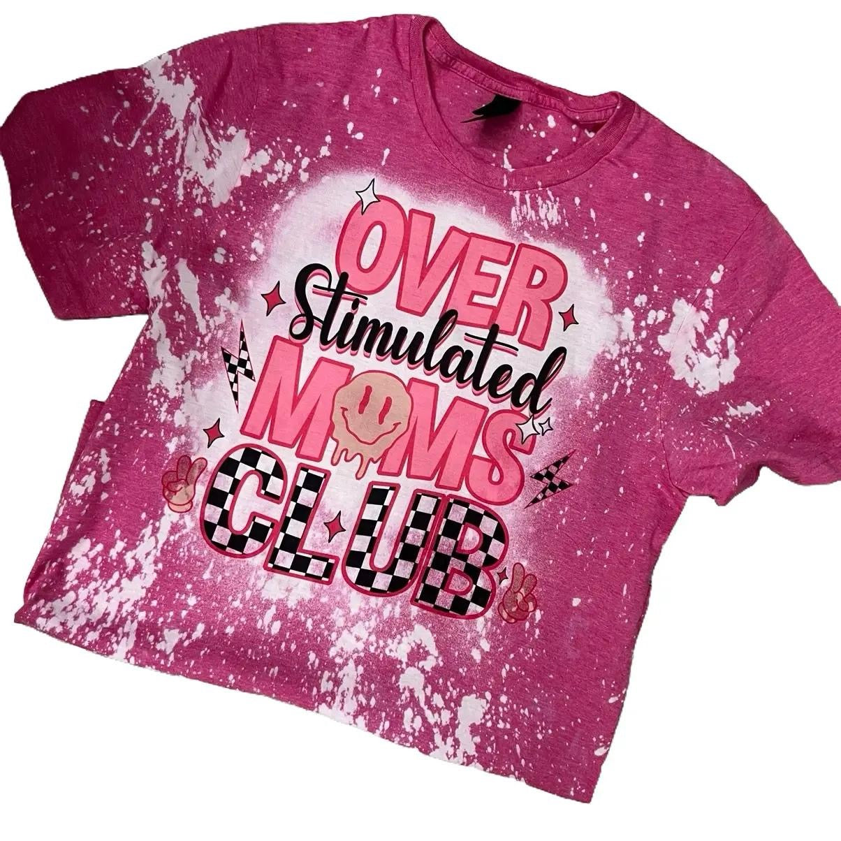 Overstimulated Mom's Club T-Shirt Sublimation Pink Unisex All Seasons Comfortable Cotton Polyester Blend Short Sleeve Layering Tee